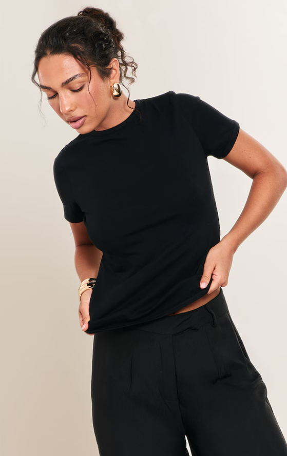 Chcmi Black Cotton Neck Longline Short Sleeve T-shirt