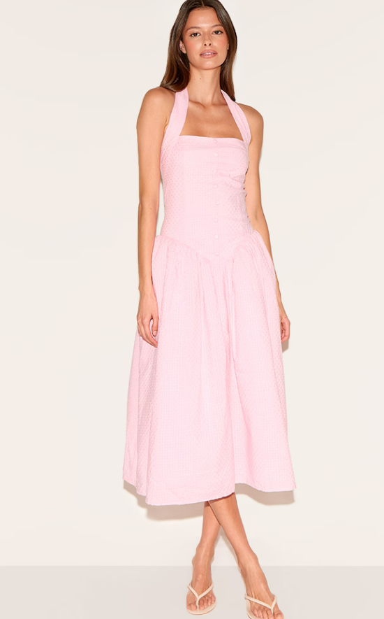 Chcmi Pink Embroidered Cotton Halterneck Dress